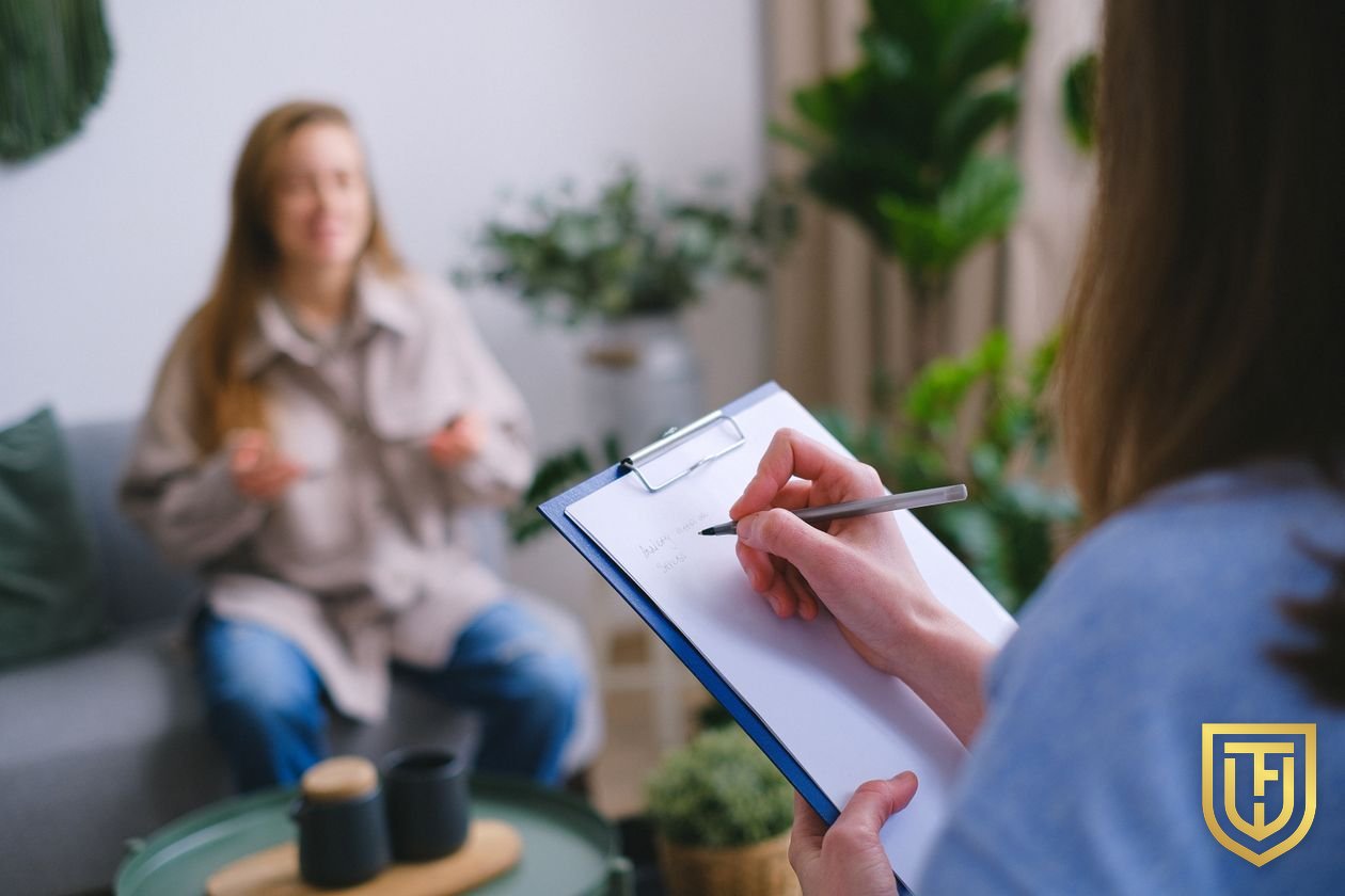 Clinician taking notes on a clipboard during a counseling session